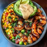 Grilled Shrimp Bowl with Avocado, Corn Salsa & Creamy Sauce