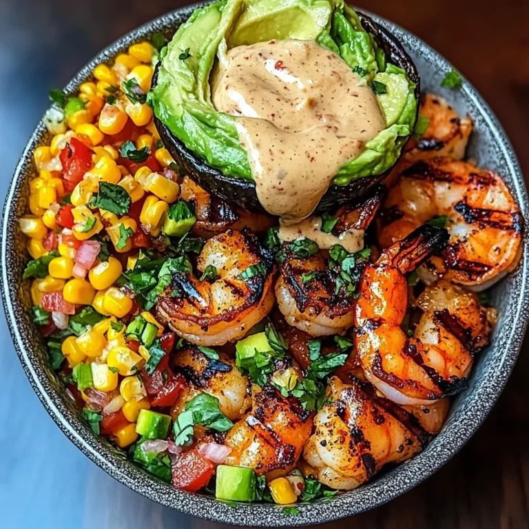 Grilled Shrimp Bowl with Avocado, Corn Salsa & Creamy Sauce