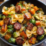 Autumn Dinner with Sausage, Pasta, Brussels Sprouts, and Butternut Squash